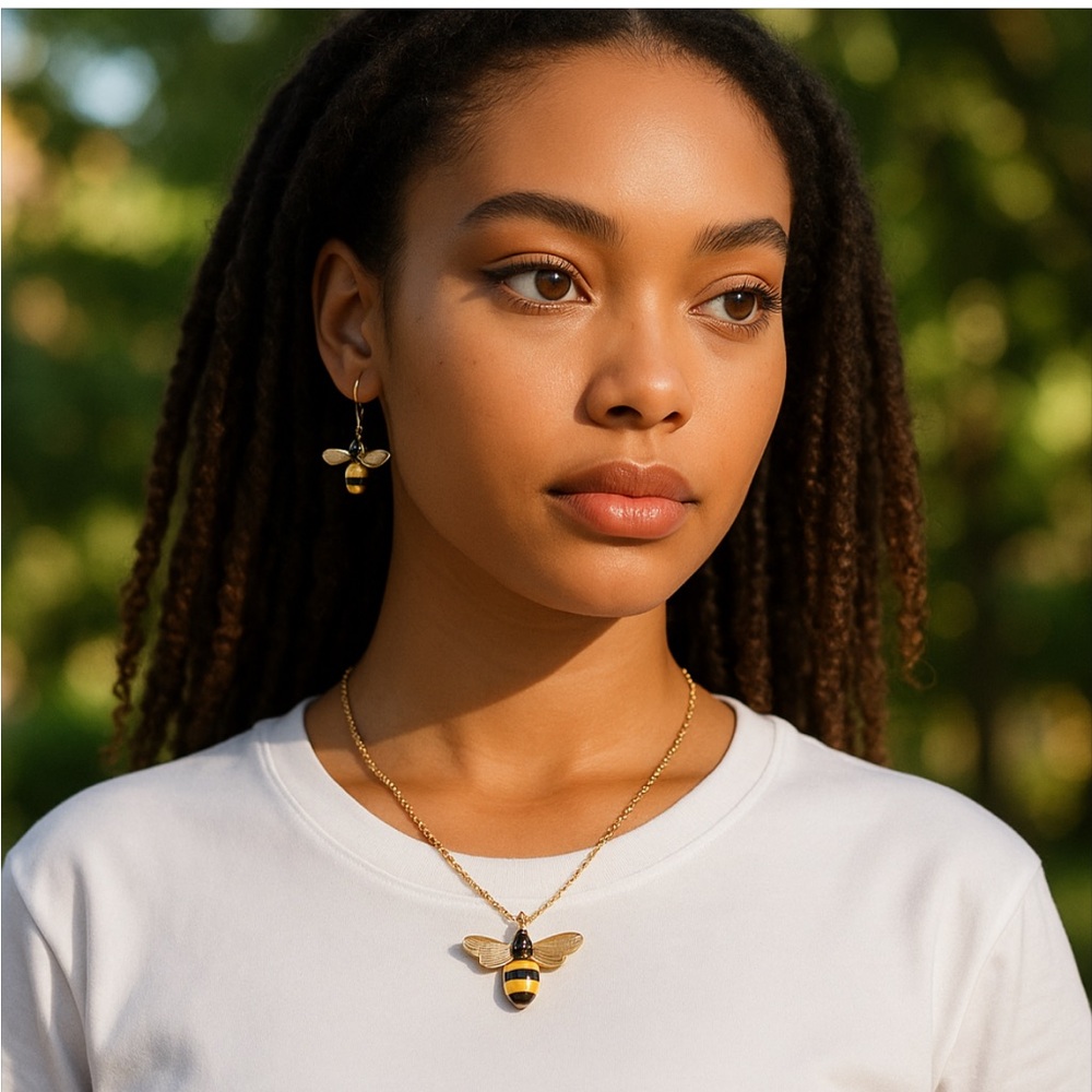 Gold Bee Pendant Necklace and Earrings set! New